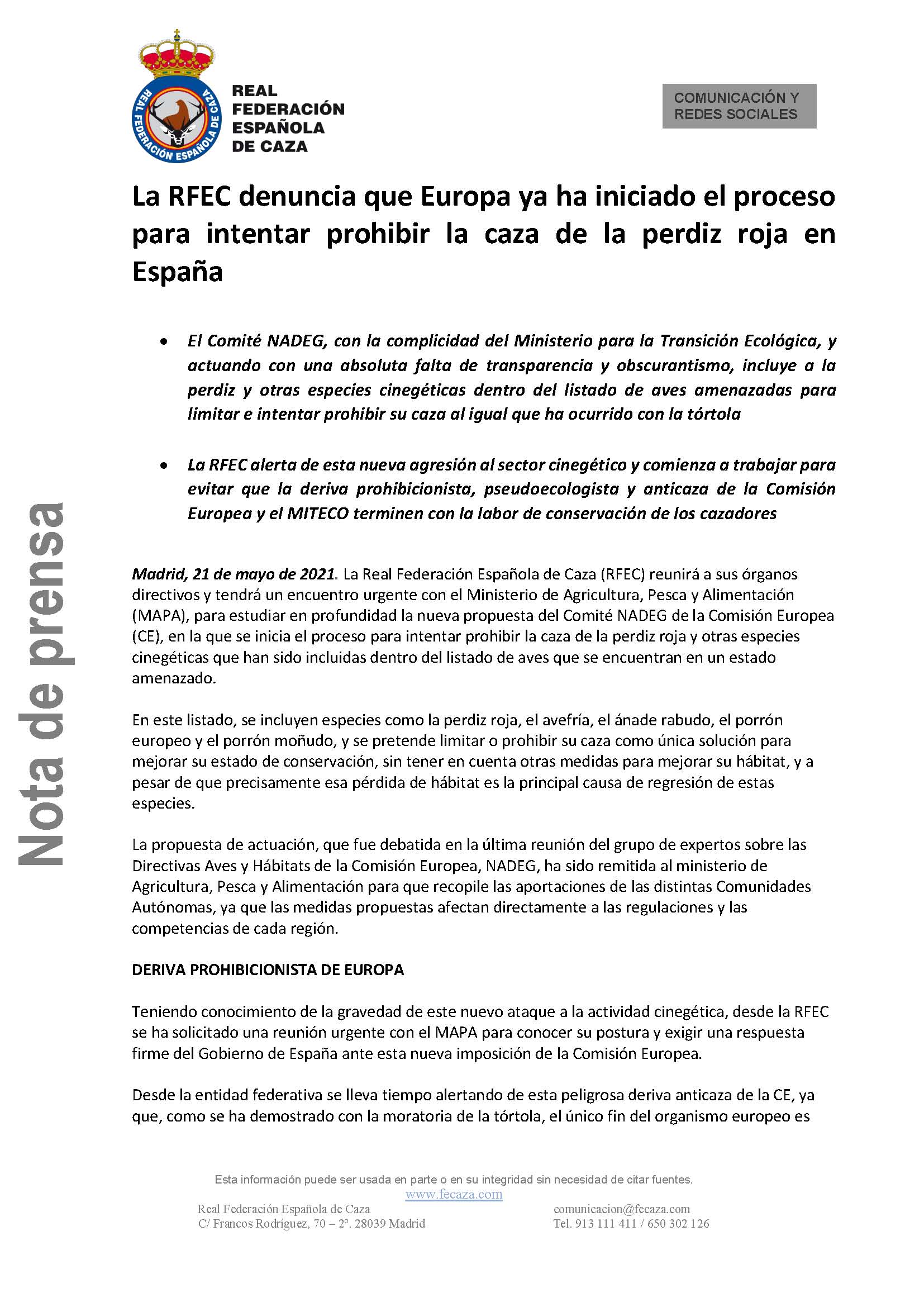 LA RFEC DENUNCIA QUE EUROPA YA HA INICIADO EL PROCESO PARA INTENTAR PROHIBIR LA CAZA DE LA PERDIZ ROJA EN ESPA&Ntilde;A_P&aacute;gina_1
